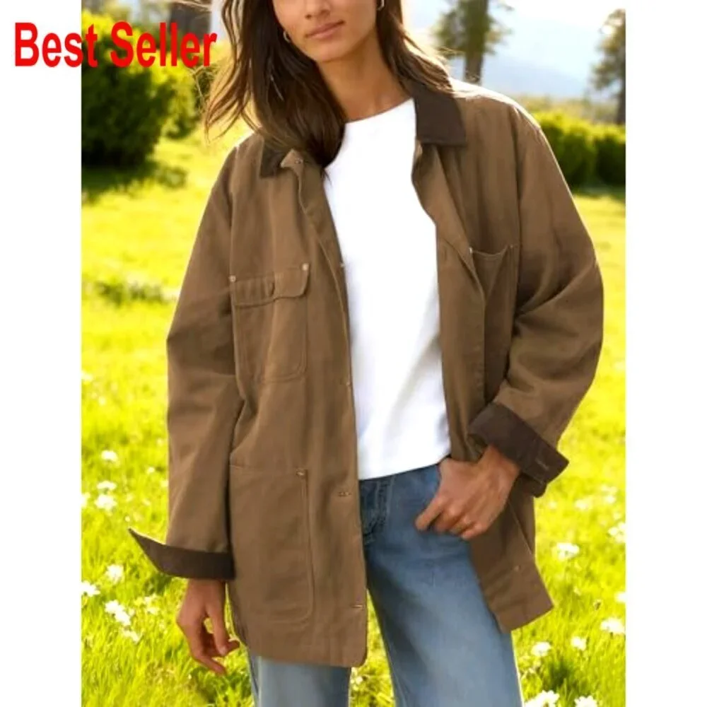 Oversized Utility Barn Jacket Corduroy Collar Vintage Workwear with Pockets - Picture 4 of 7